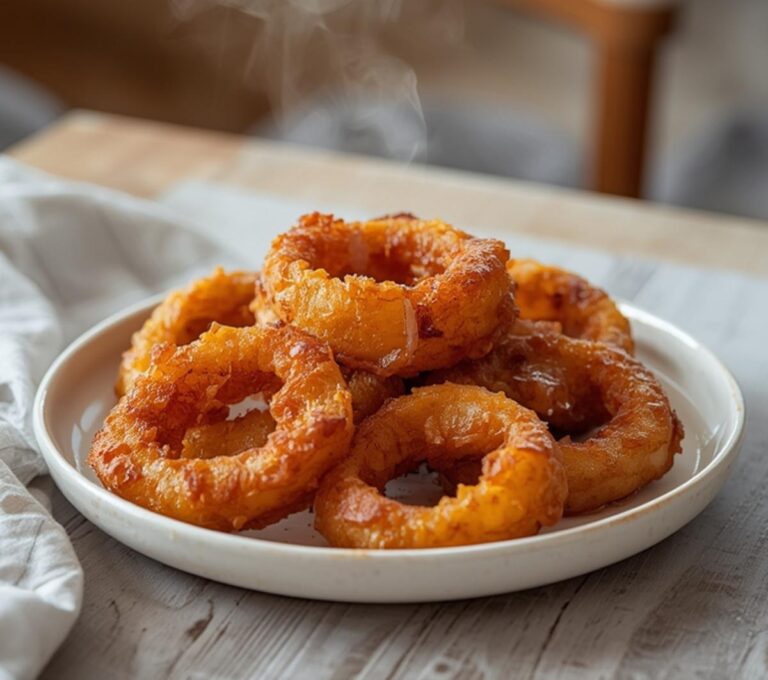 Keto Onion Rings: Golden crispy keto onion rings on a plate with a light glaze and crisp edges.