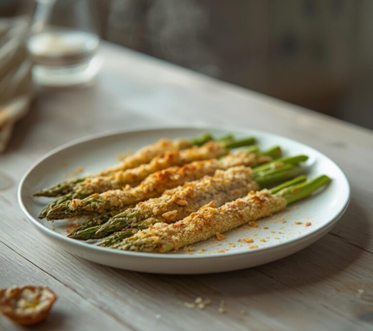Keto Parmesan Asparagus Fries: Crispy keto Parmesan asparagus fries in an air fryer basket with golden, toasted coating.