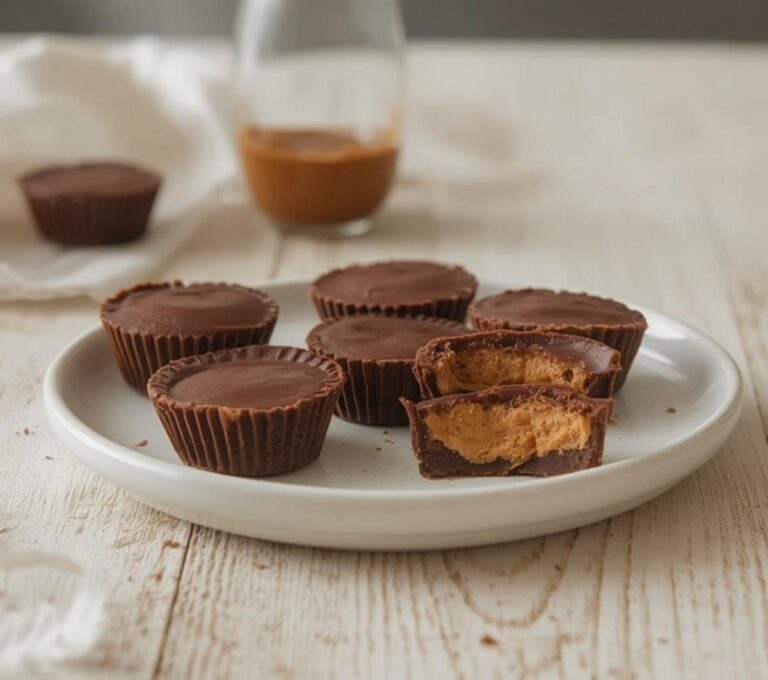 Home 10 Keto Peanut Butter Cups: Easy keto peanut butter cups with melted chocolate and creamy filling on a white plate.