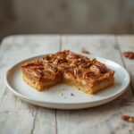Keto Pecan Pie Bars: Keto Pecan Pie Bars with a golden crust and toasted pecans on a wooden board.