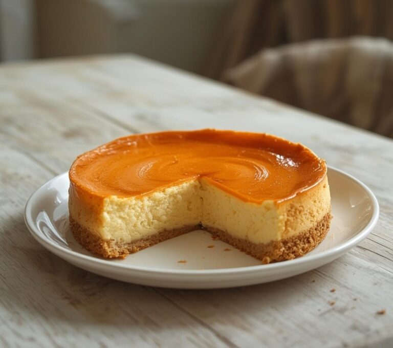 Keto Pumpkin Cheesecake: Creamy Keto Pumpkin Cheesecake in a springform pan with a smooth orange filling and golden crust.