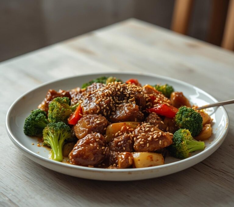 Keto Sesame Beef Stirfry: Keto Sesame Beef Stirfry in a wok with glistening steak, broccoli, and peppers.