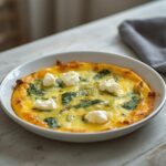 Keto Spinach Feta Eggs: Golden creamy keto spinach feta eggs in a skillet with wilted greens and melted feta.