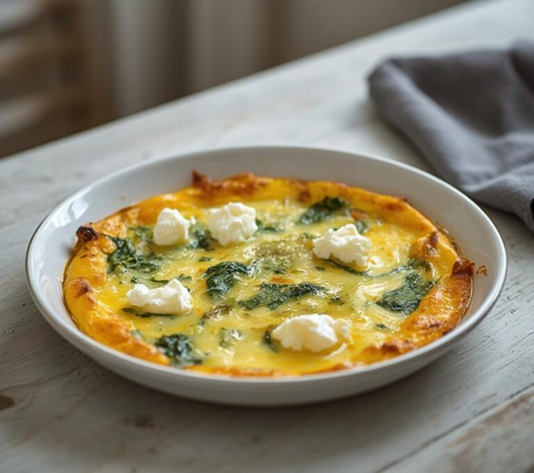 Keto Spinach Feta Eggs: Golden creamy keto spinach feta eggs in a skillet with wilted greens and melted feta.