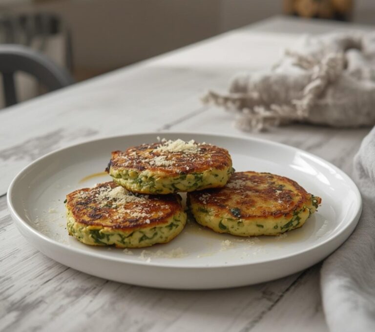 Home 8 Keto Spinach Ricotta Cakes: Golden keto spinach ricotta cakes on a baking sheet with crisp edges and creamy green filling.