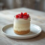 Keto Strawberry Cheesecake Jars: Creamy keto strawberry cheesecake in a small jar with a crumbly crust and fresh berry topping.