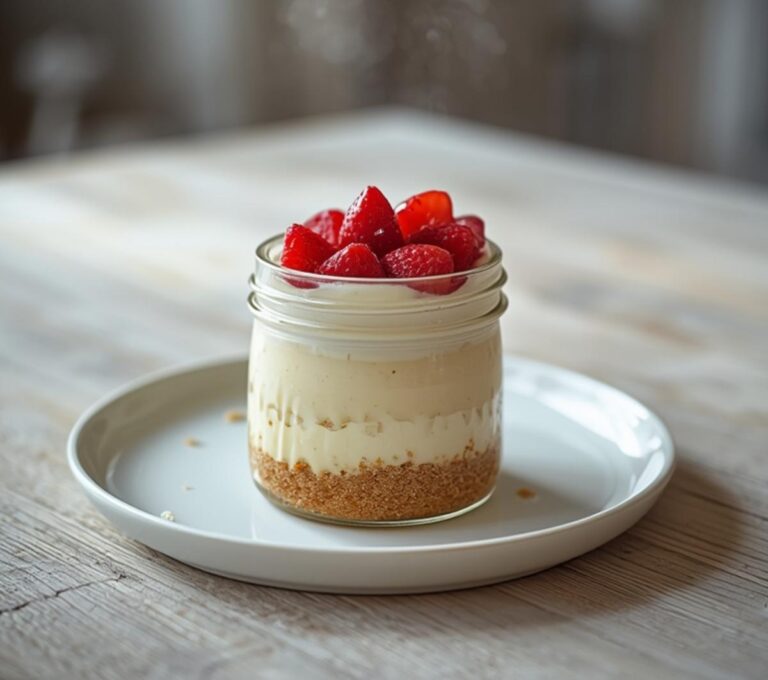 Keto Strawberry Cheesecake Jars: Creamy keto strawberry cheesecake in a small jar with a crumbly crust and fresh berry topping.