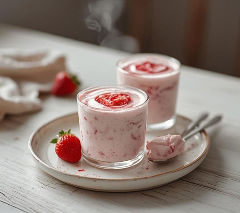 Keto Strawberry Mousse: Creamy keto strawberry mousse in glass with whipped topping and fresh berry garnish for low carb dessert.