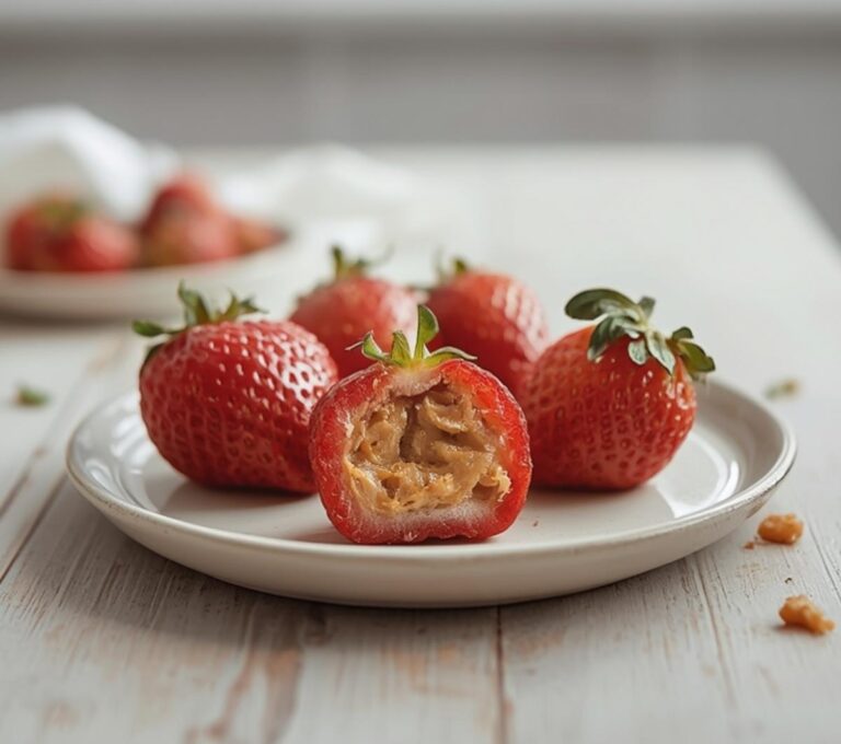 Home 8 Keto Stuffed Strawberries: Fresh keto stuffed strawberries with creamy filling on a glistening plate, perfect low-carb snack.