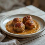 Keto Swedish Meatballs: Juicy Keto Swedish Meatballs in a creamy sauce in a skillet, golden brown and glistening.