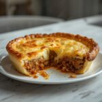 Keto Tamale Pie: A keto tamale pie with a golden, flaky crust and a bubbling, cheesy beef filling in a pie dish.