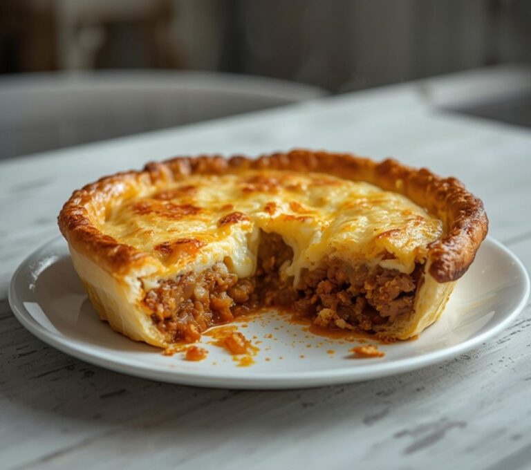 Keto Tamale Pie: A keto tamale pie with a golden, flaky crust and a bubbling, cheesy beef filling in a pie dish.