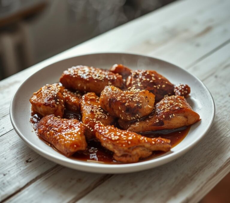 Keto Teriyaki Chicken: Juicy keto teriyaki chicken glazed in a caramel-brown sauce in a skillet, topped with sesame seeds.