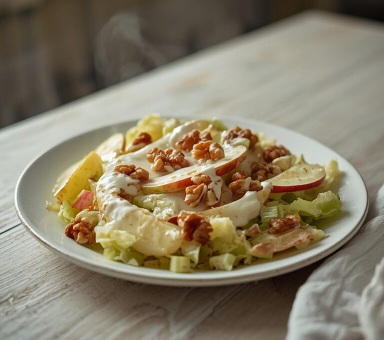 Home 13 Keto Waldorf Salad: Keto Waldorf Salad with creamy dressing, crisp apples, and toasted walnuts on a marble board.