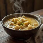 Keto White Chicken Chili: Creamy keto white chicken chili in a white bowl with a golden broth, tender chicken, and cauliflower, garnished with fresh herbs.