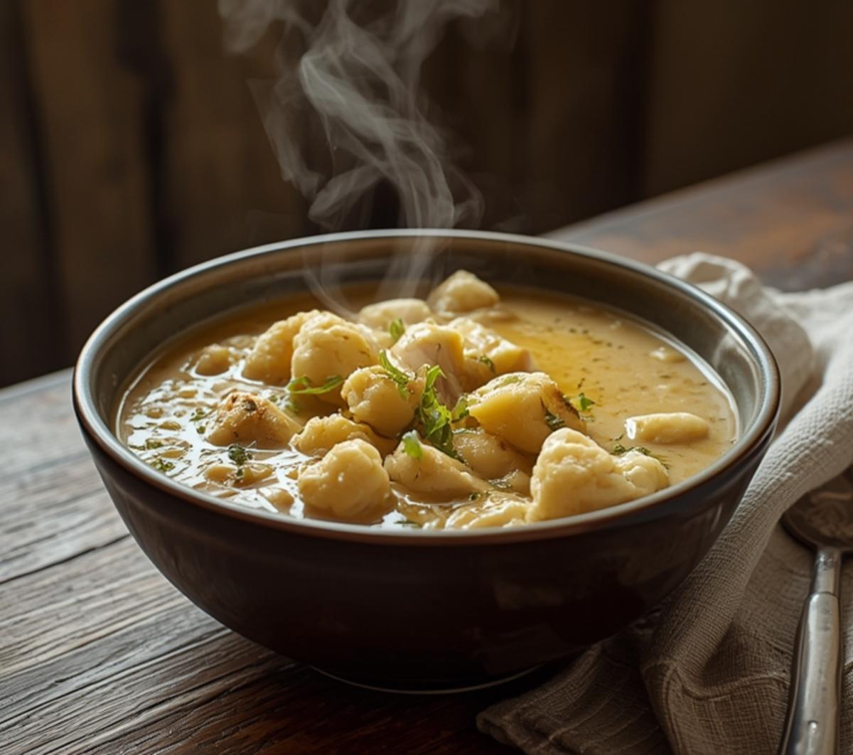 Creamy Keto White Chicken Chili Recipe 4 Keto White Chicken Chili: Creamy keto white chicken chili in a white bowl with a golden broth, tender chicken, and cauliflower, garnished with fresh herbs.