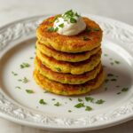 A delicious stack of golden Keto Zucchini Fritters topped with creamy sauce on a white plate.