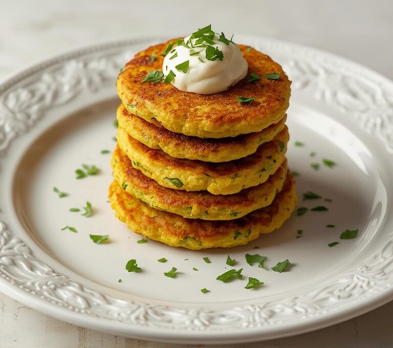 Home 10 A delicious stack of golden Keto Zucchini Fritters topped with creamy sauce on a white plate.