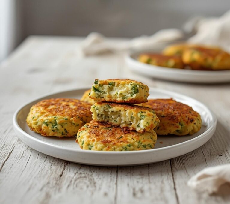 Home 9 Keto Zucchini Fritters: Crispy golden keto zucchini fritters with crisp edges on a white plate, low carb snack.