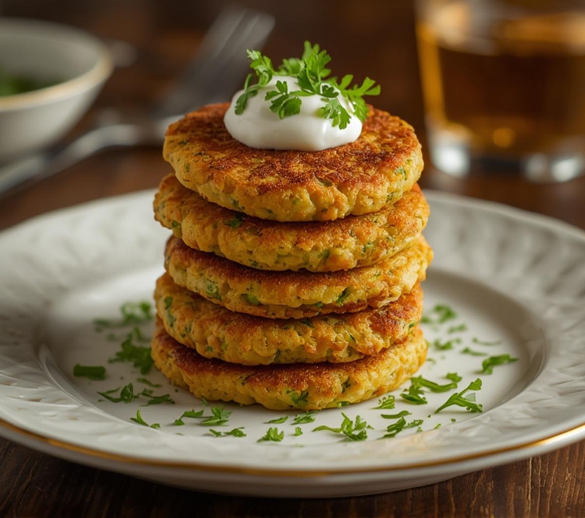 Easy Keto Zucchini Fritters | Delicious & Healthy 3 A tall stack of golden-brown Keto Zucchini Fritters topped with creamy sauce and parsley, showcasing their appetizing texture and color. Perfect keto appetizer.