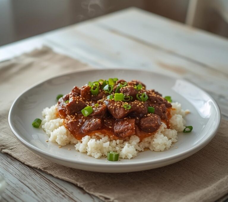 Korean Beef Bowl: Korean beef bowl with ground beef glazed in soy sauce over white rice, topped with green onions and sesame seeds.