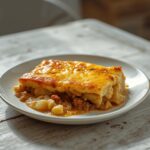 Lazy Pierogi Casserole: Golden baked lazy pierogi casserole with melted cheese and bubbly topping in a baking dish.