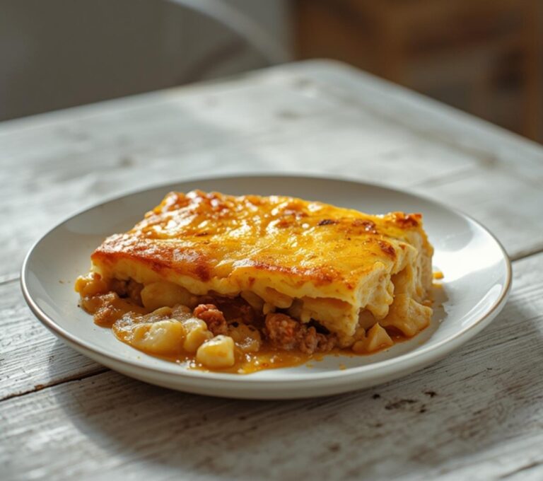 Lazy Pierogi Casserole: Golden baked lazy pierogi casserole with melted cheese and bubbly topping in a baking dish.