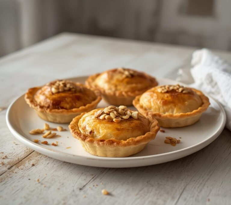 Lebanese Meat Pies: Golden flaky Lebanese meat pies with spiced ground beef filling on a baking sheet.