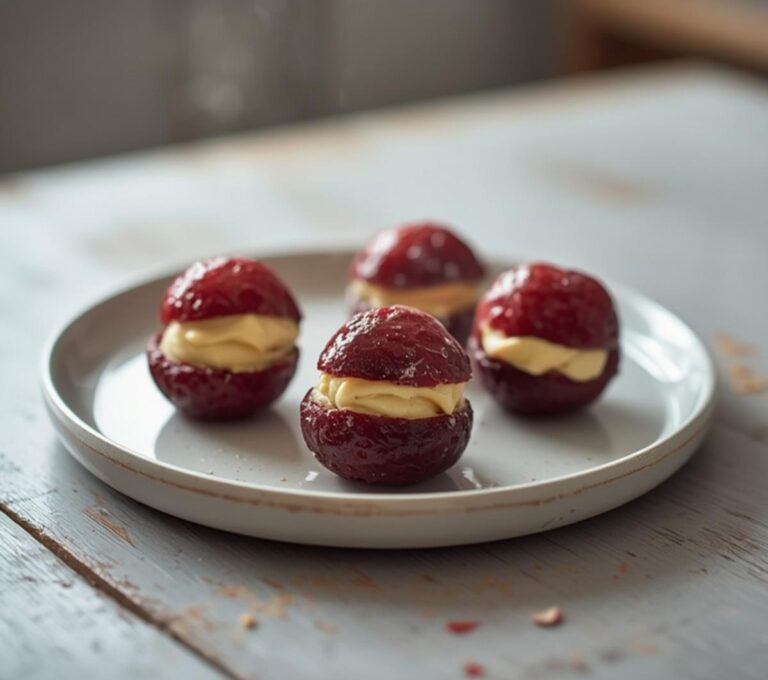 Lemon Cream Stuffed Berries: Ruby-red strawberries stuffed with creamy lemon filling on a keto snack board.