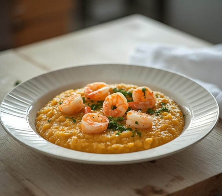 Lemon Garlic Shrimp Risotto: Creamy lemon garlic shrimp risotto in a skillet with glistening shrimp and fresh parsley garnish.