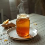 Lemon Ginger Morning Elixir: Glistening Lemon Ginger Morning Elixir in a glass, with amber color and fresh citrus slices.