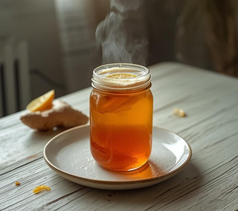 Lemon Ginger Morning Elixir: Glistening Lemon Ginger Morning Elixir in a glass, with amber color and fresh citrus slices.
