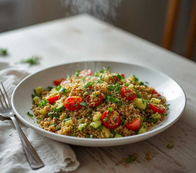 Home 13 Lemon Herb Bulgur Salad: A vibrant bowl of Lemon Herb Bulgur Salad with fresh parsley, mint, cucumbers, and cherry tomatoes glistening with a light dressing.