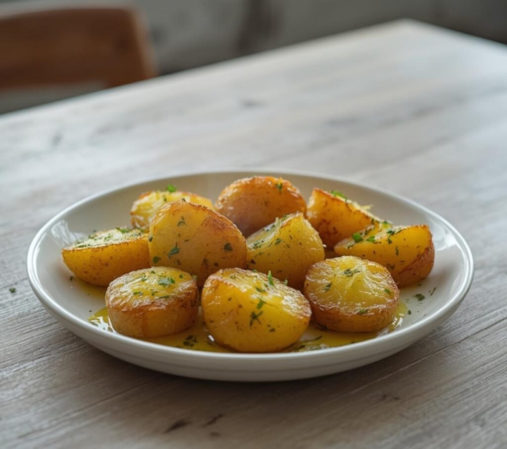 Lemon Herb Roasted Potatoes: Crispy golden Lemon Herb Roasted Potatoes in a white bowl with fresh rosemary and lemon wedges.