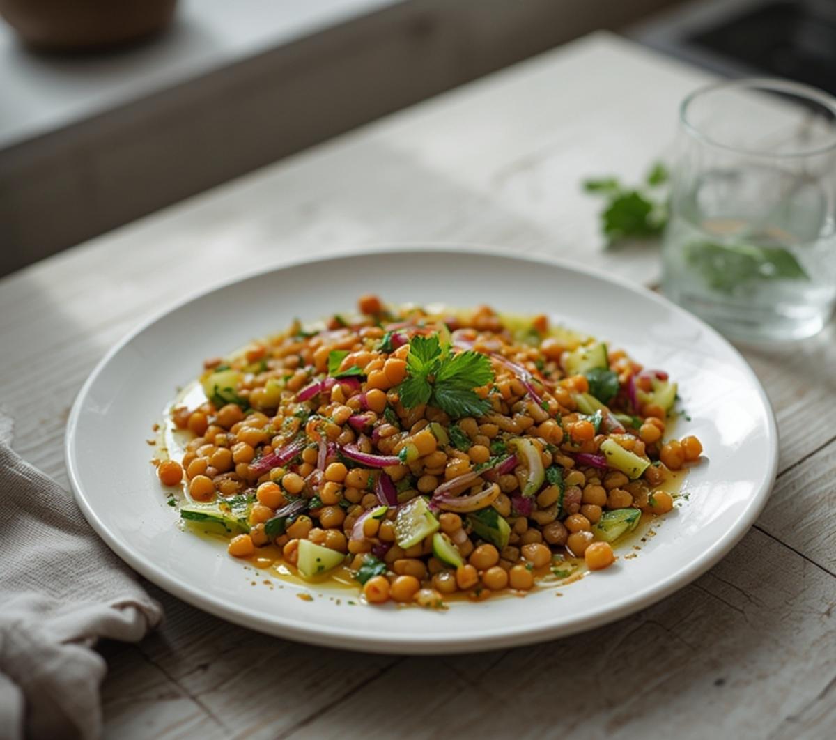 Easy Lentil Chickpea Salad for Healthy Mediterranean Meals 4 Lentil Chickpea Salad: A vibrant bowl of Lentil Chickpea Salad with golden lentils, amber chickpeas, crisp cucumber, and fresh parsley.