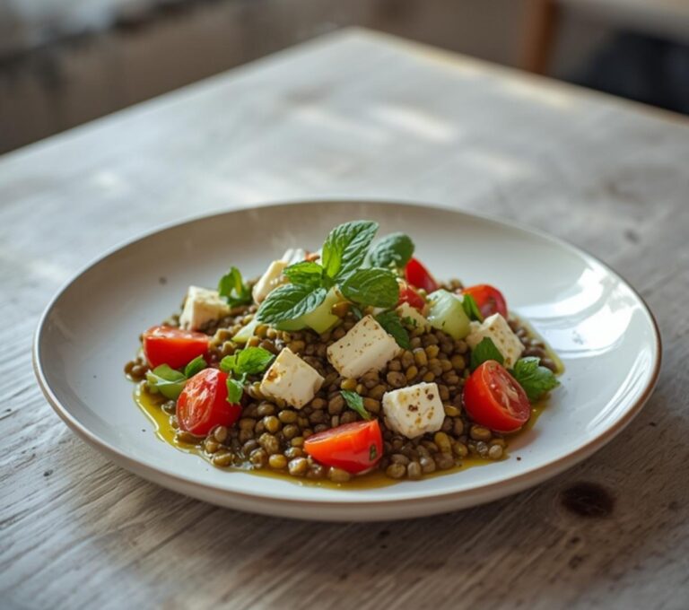 Home 8 Lentil Feta Mint Salad: A vibrant bowl of Lentil Feta Mint Salad with glistening olive oil dressing, ruby-red tomatoes, and creamy feta cubes.