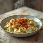 Loaded Keto Potato Salad: Creamy loaded keto potato salad with crumbled bacon, cheddar, and chives in a white bowl.