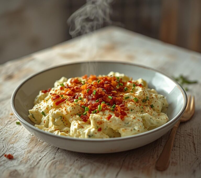 Home 10 Loaded Keto Potato Salad: Creamy loaded keto potato salad with crumbled bacon, cheddar, and chives in a white bowl.