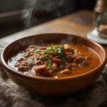 Low Carb Beef Chili: Low Carb Beef Chili in a bowl with a rich, caramel-brown sauce and steam rising.