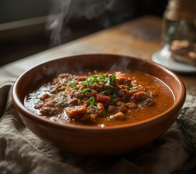 Low Carb Beef Chili: Low Carb Beef Chili in a bowl with a rich, caramel-brown sauce and steam rising.