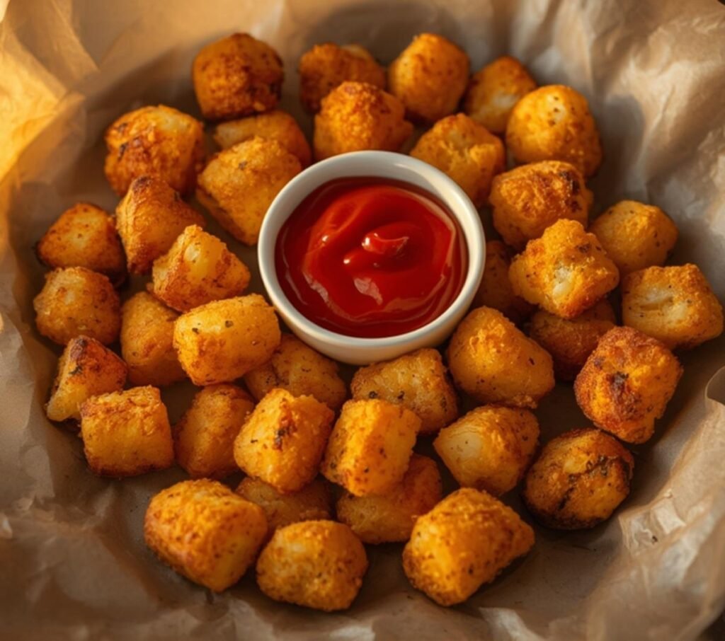 Golden brown, crispy Low Carb Cauliflower Tots served with ketchup on a parchment-lined platter, perfect for a healthy snack or side dish.