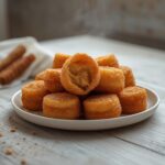 Low Carb Churro Bites: Golden Low Carb Churro Bites with a crispy cinnamon coating on a plate.
