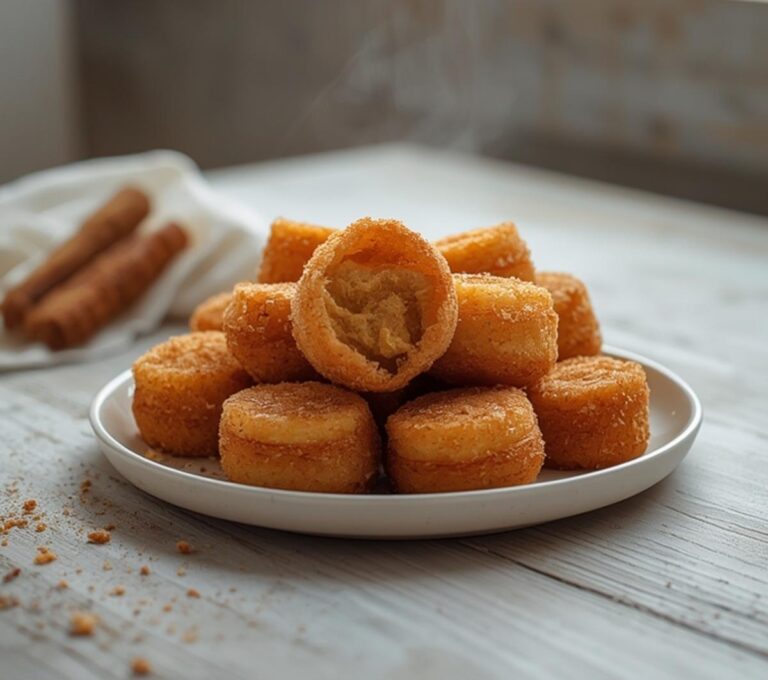 Home 10 Low Carb Churro Bites: Golden Low Carb Churro Bites with a crispy cinnamon coating on a plate.