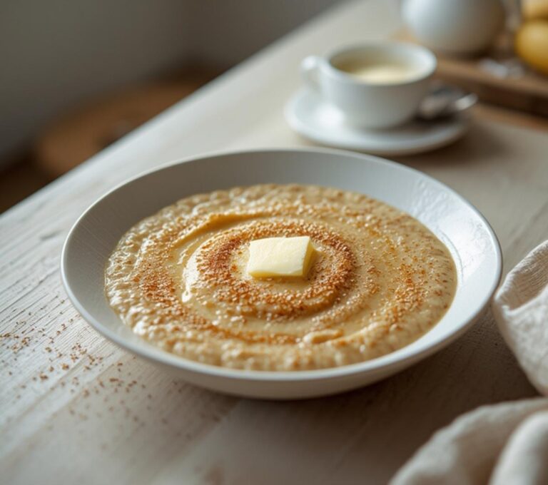 Home 12 Low Carb Flax Porridge: Creamy low carb flax porridge in a bowl with a golden, glistening texture and a butter pat on top.