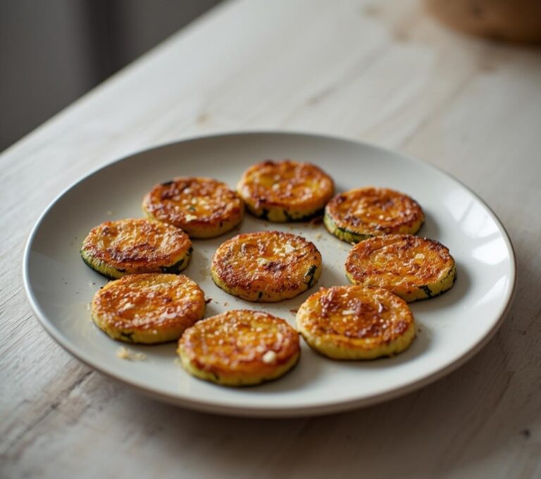 Home 7 Low Carb Fried Zucchini: Golden crispy low carb fried zucchini bites on a plate with a light, toasted coating.