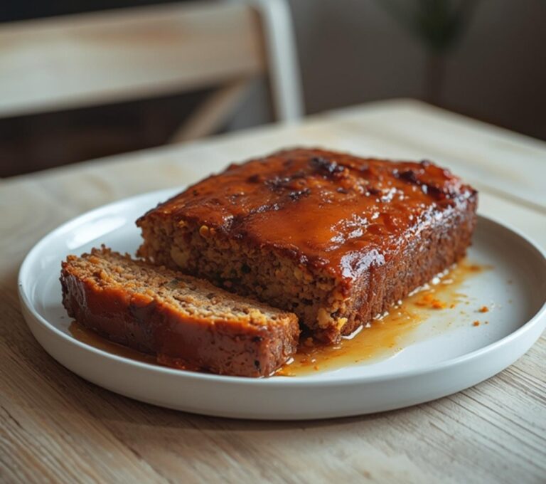 Low Carb Meatloaf: Low Carb Meatloaf with a glistening glaze in a pan, golden top and crisp edges.