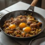 Low Carb Moo Shu: A skillet of low carb moo shu with golden pork, amber cabbage, and fluffy eggs glistening in a savory sauce.
