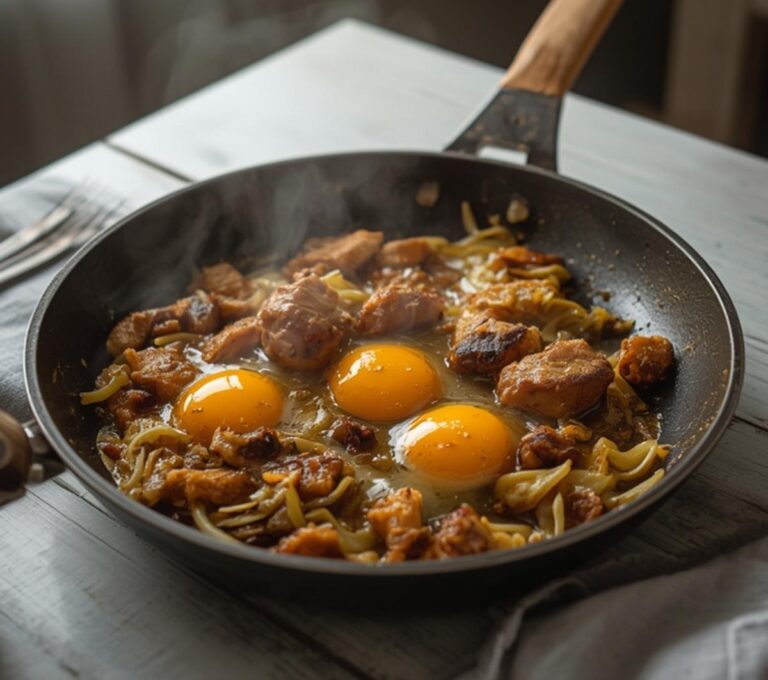 Low Carb Moo Shu: A skillet of low carb moo shu with golden pork, amber cabbage, and fluffy eggs glistening in a savory sauce.
