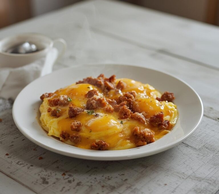 Low Carb Sausage Scramble: A skillet of low carb sausage scramble with golden scrambled eggs and melted cheese.