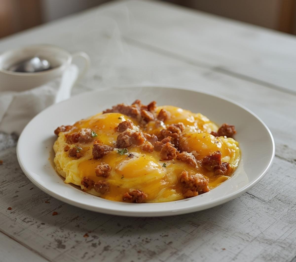 Easy Low Carb Sausage Scramble Breakfast Skillet 4 Low Carb Sausage Scramble: A skillet of low carb sausage scramble with golden scrambled eggs and melted cheese.